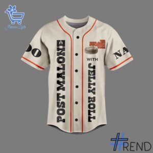 Limited-edition apparel with custom Post Malone Jelly Roll Big Ass Stadium Tour Baseball Jersey print