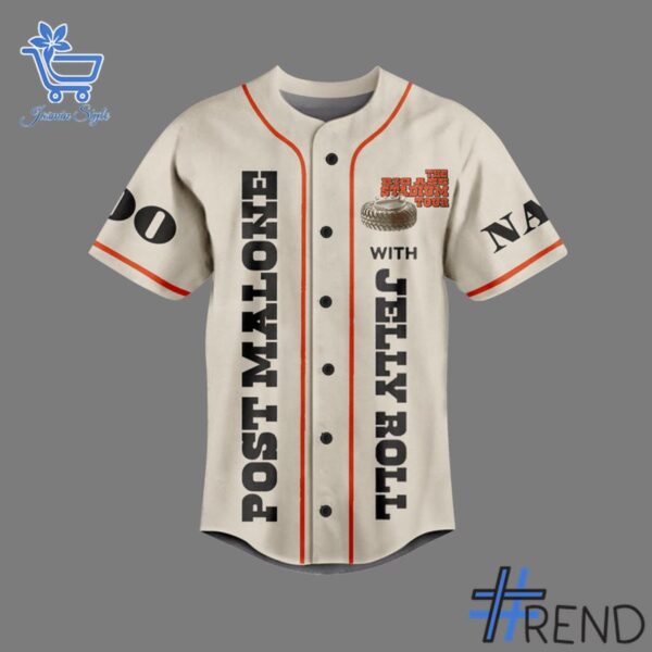 Limited-edition apparel with custom Post Malone Jelly Roll Big Ass Stadium Tour Baseball Jersey print