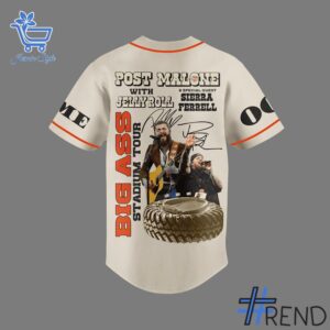 Limited-edition apparel with custom Post Malone Jelly Roll Big Ass Stadium Tour Baseball Jersey print