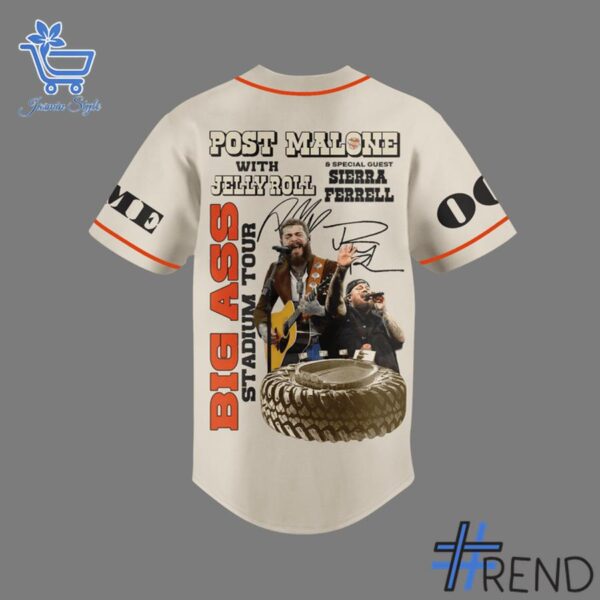 Limited-edition apparel with custom Post Malone Jelly Roll Big Ass Stadium Tour Baseball Jersey print