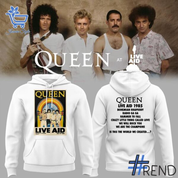Detailed fabric and stitching showing 3 Queen Band Live Aid Shirt