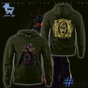 Street-style look featuring the unique Queens of the Stone Age World Tour Hoodie artwork