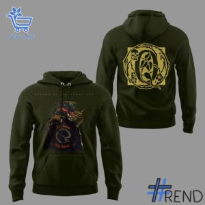 Street-style look featuring the unique Queens of the Stone Age World Tour Hoodie artwork