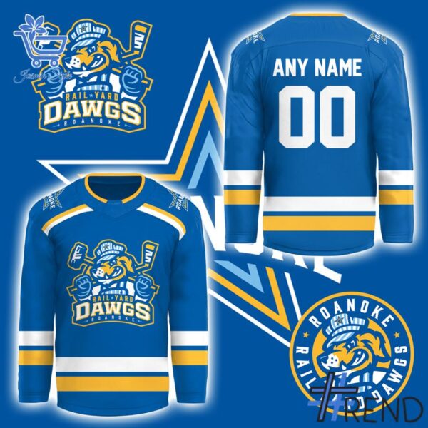 Close-up of the 1 Roanoke Rail Yard Dawgs New Logo Hockey Jersey showing detailed design and vibrant colors.