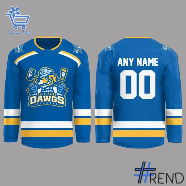 Close-up of the 2 Roanoke Rail Yard Dawgs New Logo Hockey Jersey showing detailed design and vibrant colors.