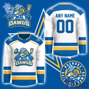 Close-up of the 3 Roanoke Rail Yard Dawgs New Logo Hockey Jersey showing detailed design and vibrant colors.