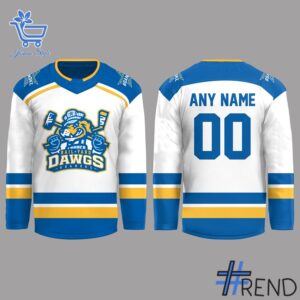 Close-up of the 4 Roanoke Rail Yard Dawgs New Logo Hockey Jersey showing detailed design and vibrant colors.