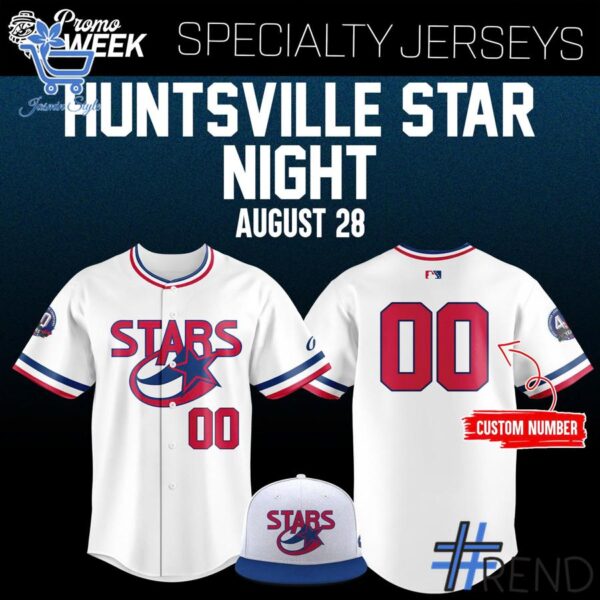 Close-up of the 1 Rocket City Trash Panda 2025 Huntsville Stars Throwback Jersey showing detailed design and vibrant colors.