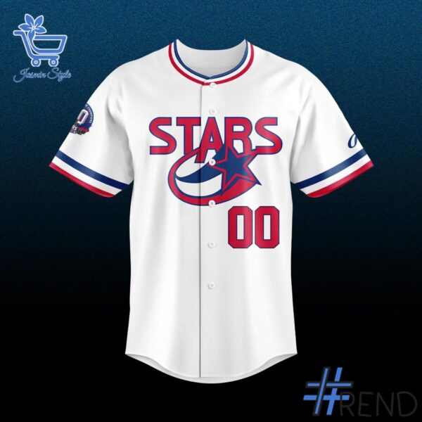 Close-up of the 2 Rocket City Trash Panda 2025 Huntsville Stars Throwback Jersey showing detailed design and vibrant colors.