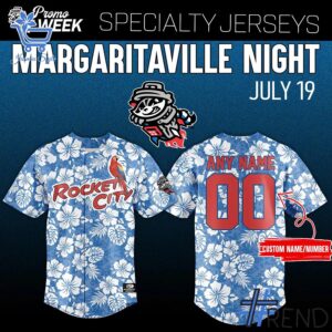 Detailed view of the 1 Rocket City Trash Panda 2025 Margaritaville Night Jersey print on fabric