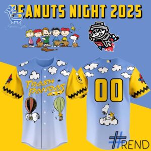Detailed view of the 1 Rocket City Trash Panda 2025 Peanuts Night Snoopy Jersey print on fabric