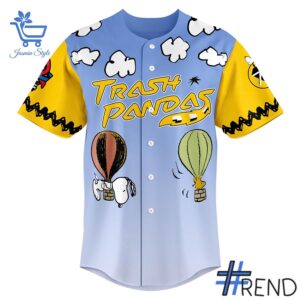Detailed view of the 2 Rocket City Trash Panda 2025 Peanuts Night Snoopy Jersey print on fabric
