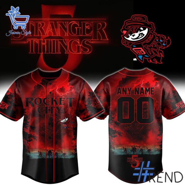 Detailed fabric and stitching showing 1 Rocket City Trash Panda 2025 Stranger Things Baseball Jersey