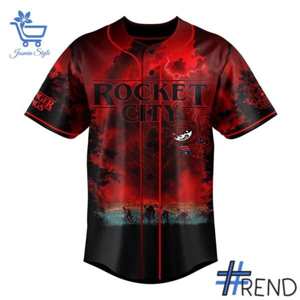 Detailed fabric and stitching showing 2 Rocket City Trash Panda 2025 Stranger Things Baseball Jersey