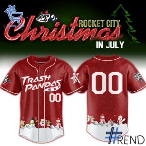 Detailed view of the 1 Rocket City Trash Panda Christmas in July 2025 Jersey print on fabric