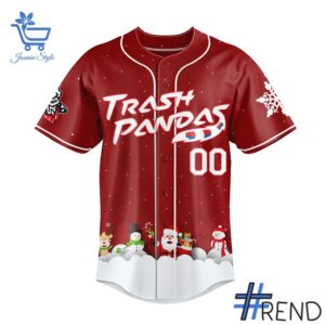 Detailed view of the 2 Rocket City Trash Panda Christmas in July 2025 Jersey print on fabric