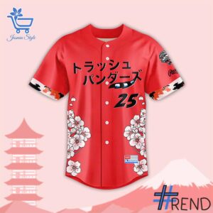 Custom look featuring the signature Rocket City Trash Pandas Japan Baseball Jersey design