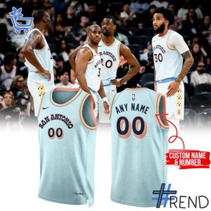 Street-style look featuring the unique San Antonio Spurs City Edition Basketball Jersey artwork
