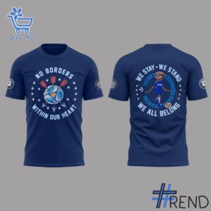 Detailed fabric and stitching showing 2 San Diego FC We Stay We Stand We All Belong Shirt