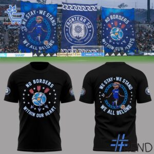 Detailed fabric and stitching showing 3 San Diego FC We Stay We Stand We All Belong Shirt
