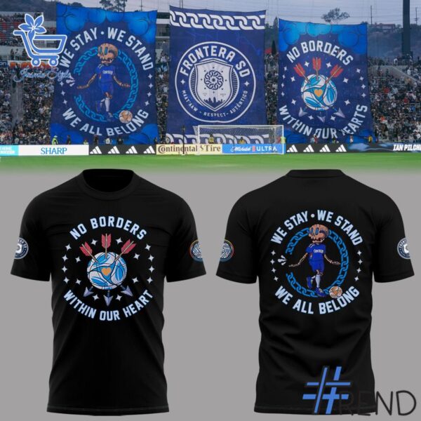 Detailed fabric and stitching showing 3 San Diego FC We Stay We Stand We All Belong Shirt