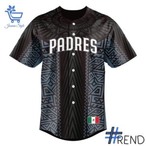 Unisex San Diego Padres Mexican Heritage Celebration Baseball Jersey styled with jeans for a relaxed look