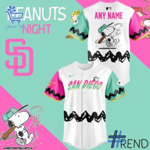 Close-up view of the San Diego Padres x Peanuts Night Jersey print