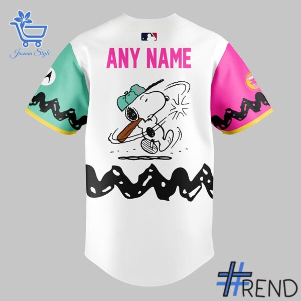 Close-up view of the San Diego Padres x Peanuts Night Jersey print