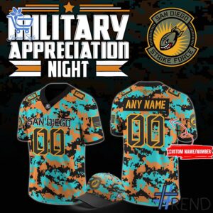 Street-style look featuring the unique San Diego Strike Force Military Nights Football Jersey artwork