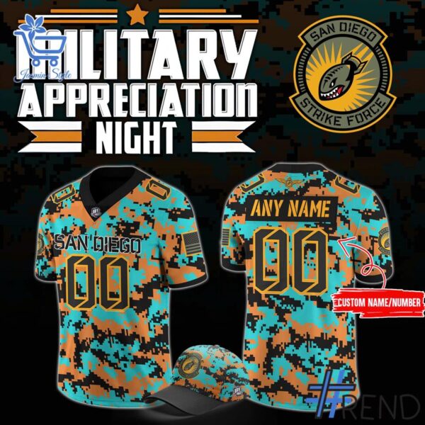 Street-style look featuring the unique San Diego Strike Force Military Nights Football Jersey artwork