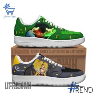 Detailed shot of Sanji x Zoro One Piece Air Force Shoes on classic Nike Air Force silhouette
