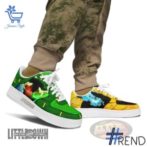 Detailed shot of Sanji x Zoro One Piece Air Force Shoes on classic Nike Air Force silhouette