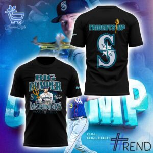 Detailed fabric and stitching showing 1 Seattle Mariners Big Dumper Cal Raleigh Shirt