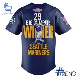 Detailed fabric and stitching showing 3 Seattle Mariners Big Dumper Home Run Derby 2025 Champion Jersey
