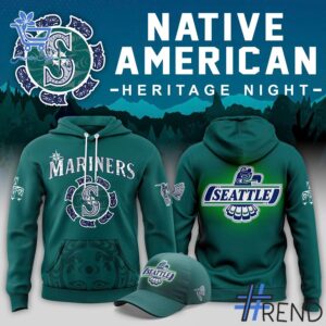 Detailed view of the 1 Seattle Mariners Native American Heritage Night Hoodie print on fabric