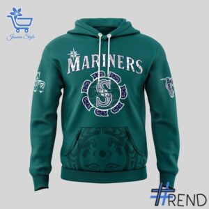 Detailed view of the 2 Seattle Mariners Native American Heritage Night Hoodie print on fabric