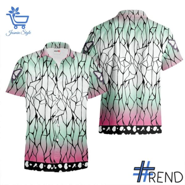 Close-up view of the Shinobu Kocho Demon Slayer Hawaiian Shirt print