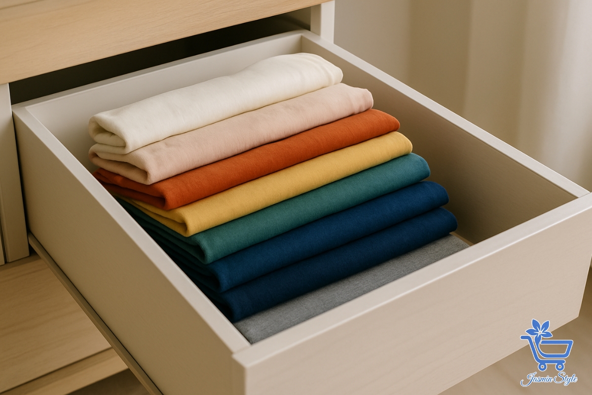 Neatly folded cotton T-shirts organized in a drawer — a practical, space-saving way to store everyday tees.