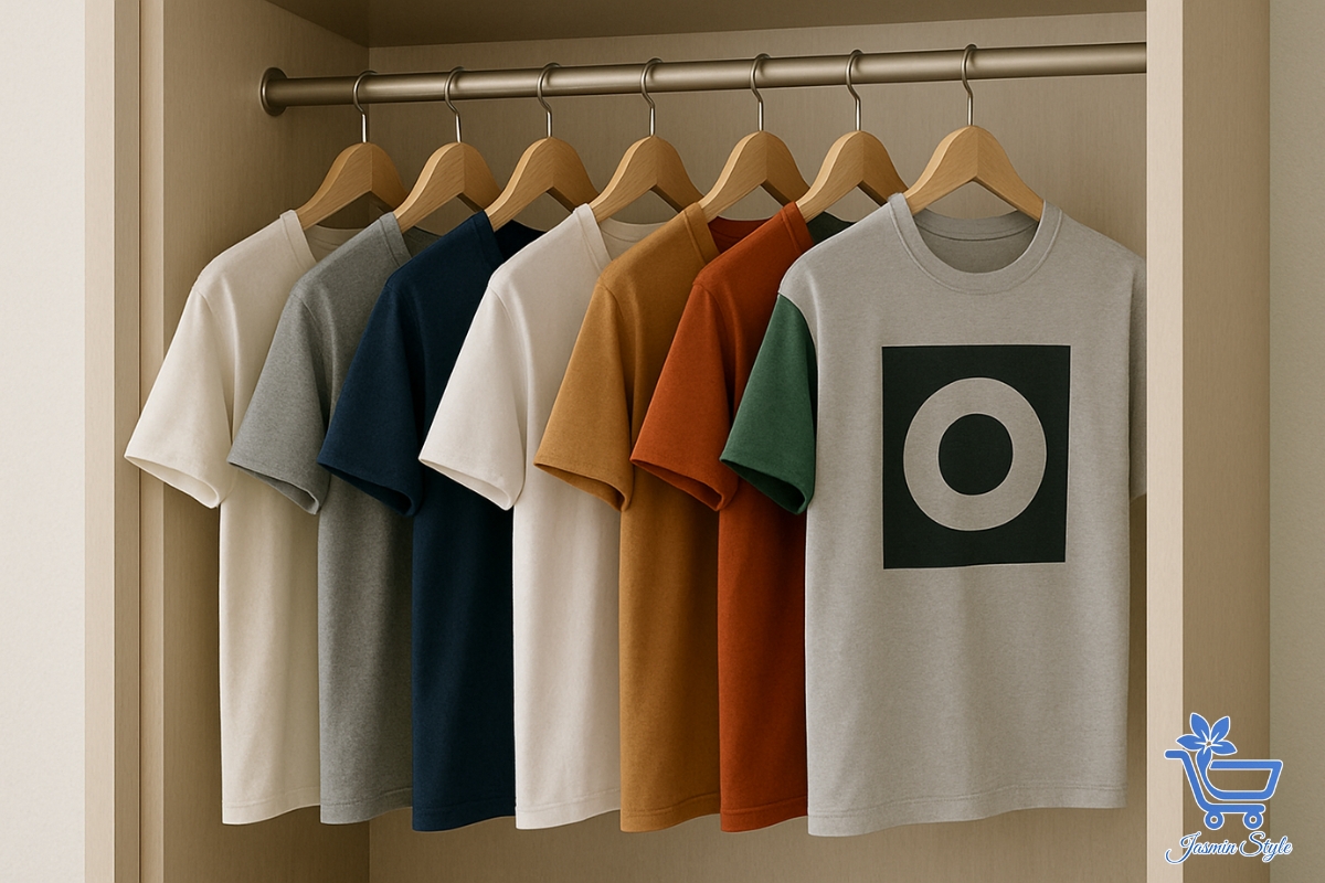 T-shirts hung on wooden hangers in a modern closet to prevent wrinkles and keep them ready to wear.