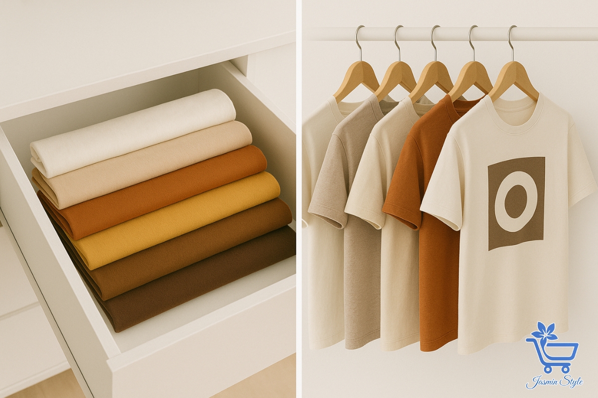 Side-by-side comparison of folded and hanging T-shirts — which storage method fits your wardrobe best?
