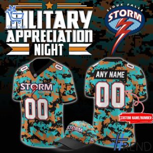 Custom look featuring the signature Sioux Falls Storm Military Nights Football Jersey design