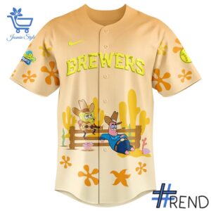 Custom look featuring the signature SpongeBob SquarePants Milwaukee Brewers Baseball Jersey design