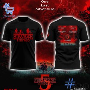 Detailed fabric and stitching showing 1 Stranger Things 5 One Last Adventure Shirt