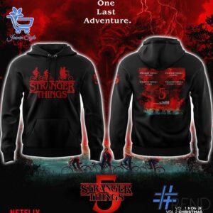 Detailed fabric and stitching showing 3 Stranger Things 5 One Last Adventure Shirt