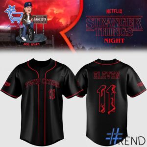 Unisex Stranger Things Twin Cities Eleven Baseball Jersey styled with jeans for a relaxed look