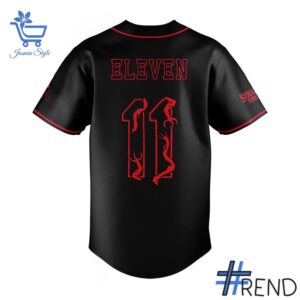 Unisex Stranger Things Twin Cities Eleven Baseball Jersey styled with jeans for a relaxed look