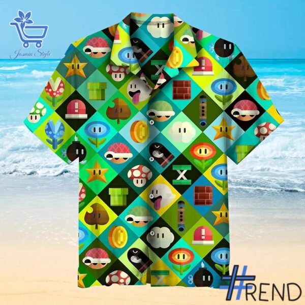 Close-up view of the Super Mario Pattern Game Pixel Hawaiian Shirt print