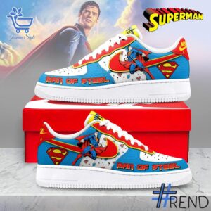 Street-style look featuring the unique Superman Man of Steel Air Force Shoes artwork