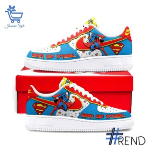 Street-style look featuring the unique Superman Man of Steel Air Force Shoes artwork