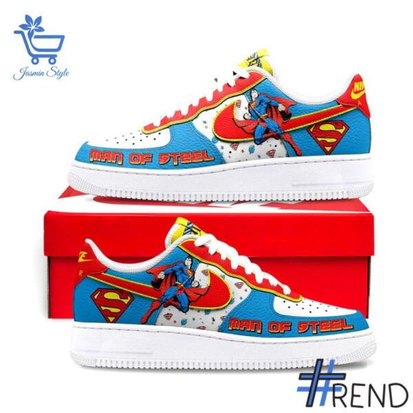 Street-style look featuring the unique Superman Man of Steel Air Force Shoes artwork